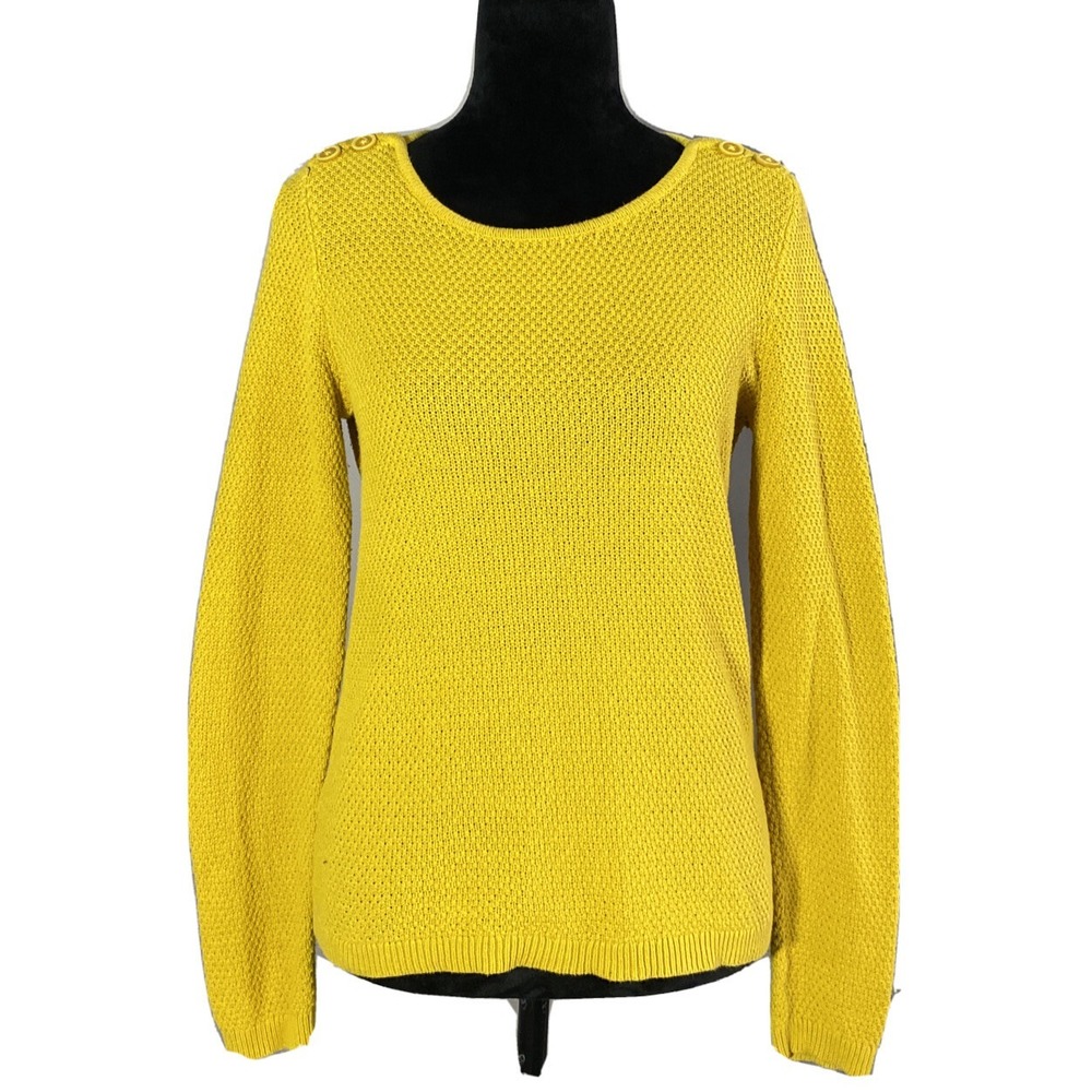 Ann Taylor LOFT Sweater SMALL Mustard Yellow Gold Woven Long Sl Button Shoulder